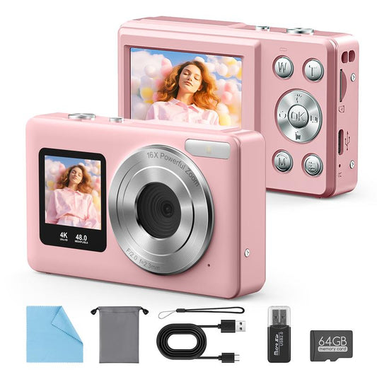 HOTU Dual Screen Selfie Camera – 4K Mini Y2K Pocket Camera, 18X Digital Zoom, Rear & Front Lens, Rechargeable with Type-C Fast Charging, Easy Button Control, Built-In Filters, 64G Card Included, Pink Memory Gadget for Kids, Teens & Vlogging
