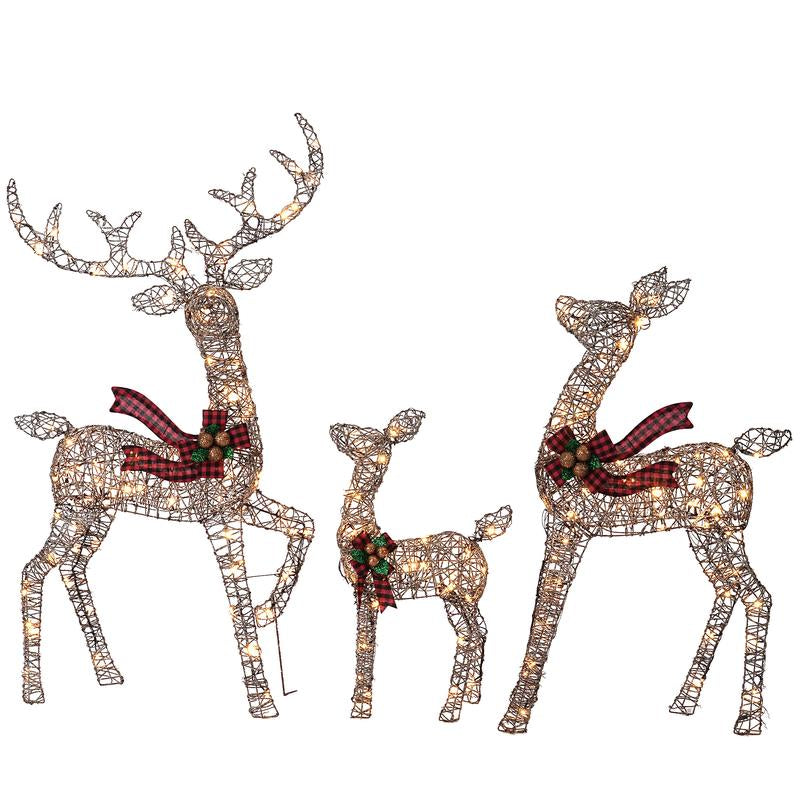 FOOWIN 3D Large Lighted Christmas Deer Family Set, 3-Piece 4.8Ft Pre-Lit Reindeer Outdoor Christmas Decoration with 210 LED Lights, Red Bows,Stakes, for Yard Patio Lawn Garden Courtyard