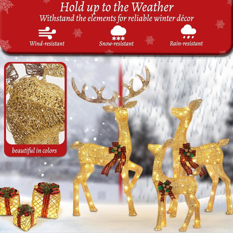 FOOWIN 3D Large Lighted Christmas Deer Family Set, 3-Piece 4.8Ft Pre-Lit Reindeer Outdoor Christmas Decoration with 210 LED Lights, Red Bows,Stakes, for Yard Patio Lawn Garden Courtyard